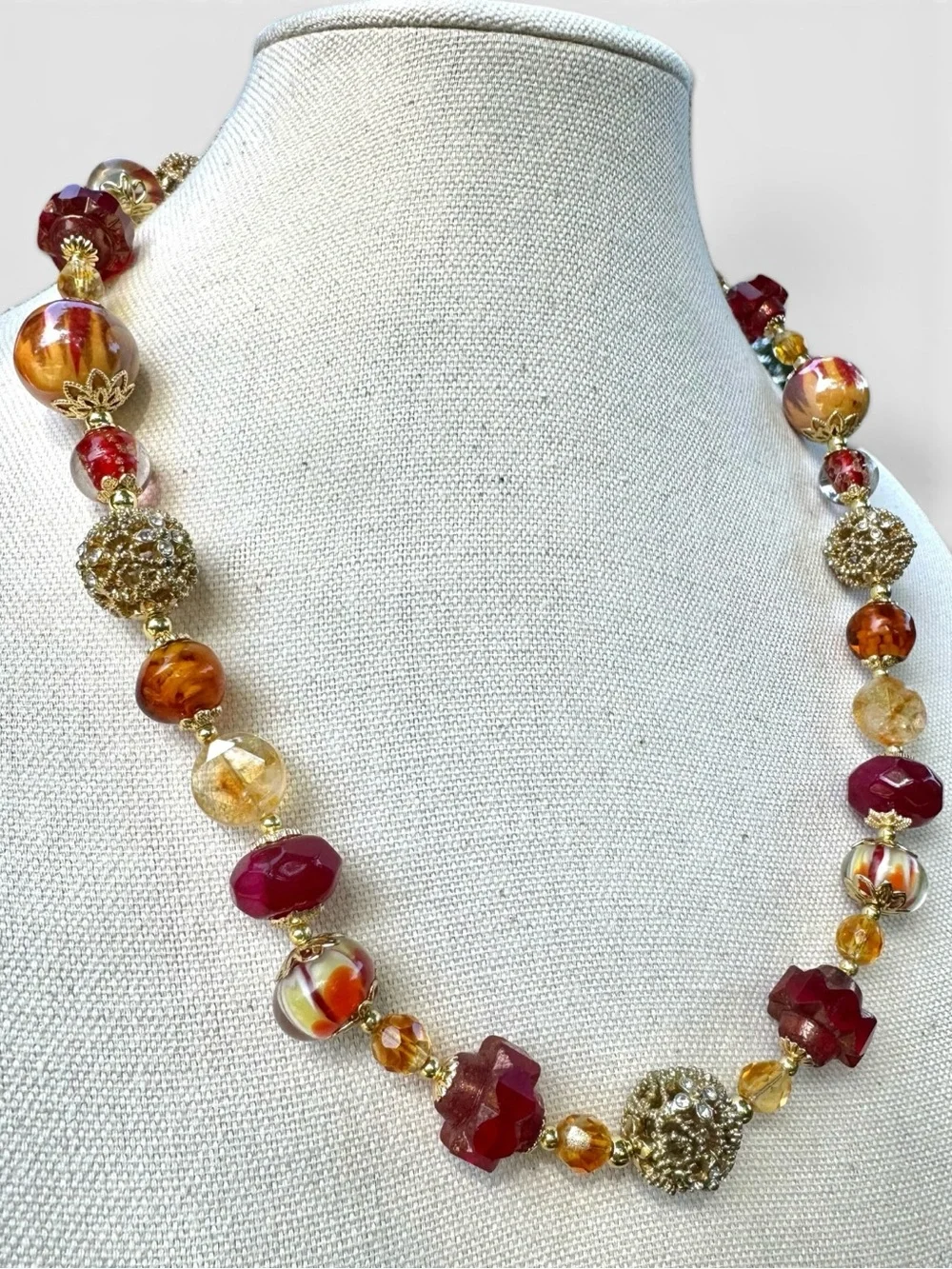 ARTISAN Lampwork Glass, Czech Glass, Ruby & Citrine Necklace